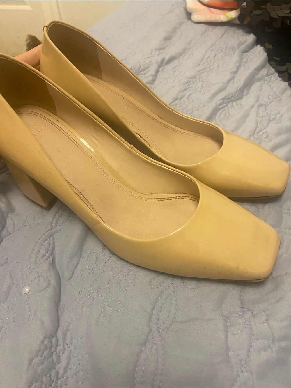 Marc Fisher Tan nude Square-Toe Block Heel Pumps